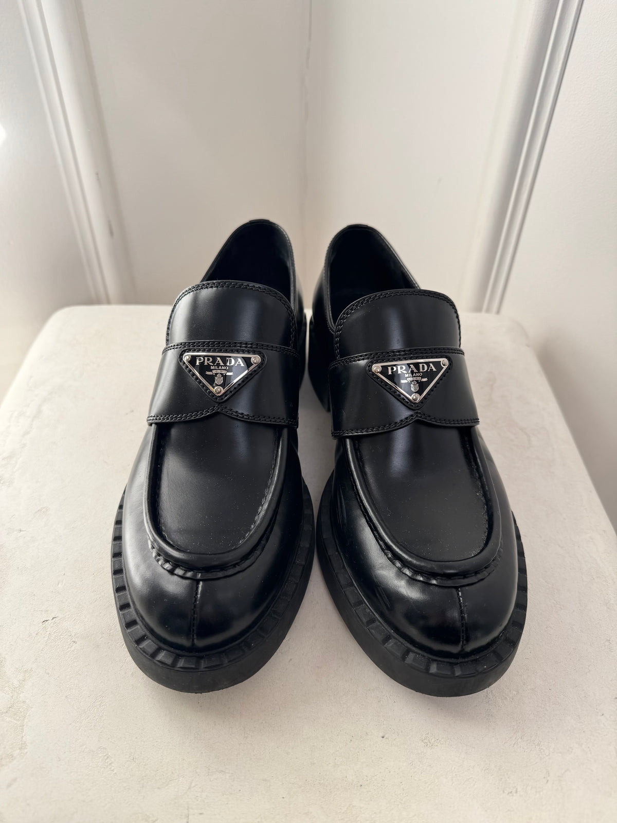 Prada Black Brushed Leather Chunky Loafers, 38.5