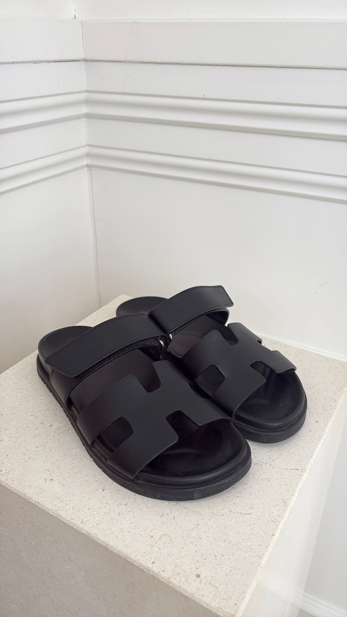 Hermès Black Leather Chypre Sandals, 36