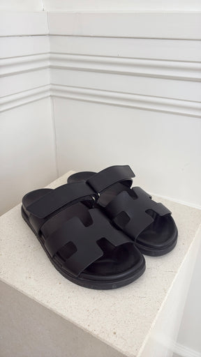 Hermès Black Leather Chypre Sandals, 36