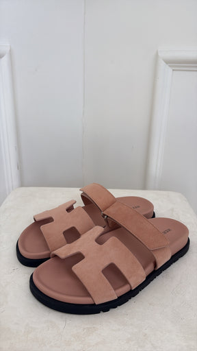 Hermès Blush Suede Chypre Sandals, 37