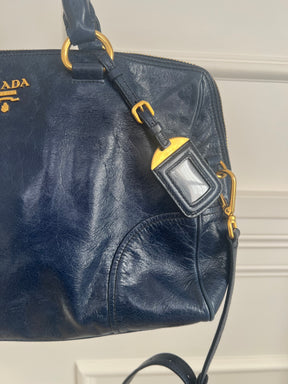 Prada Blue Crinkled Leather Zipped Tote Bag