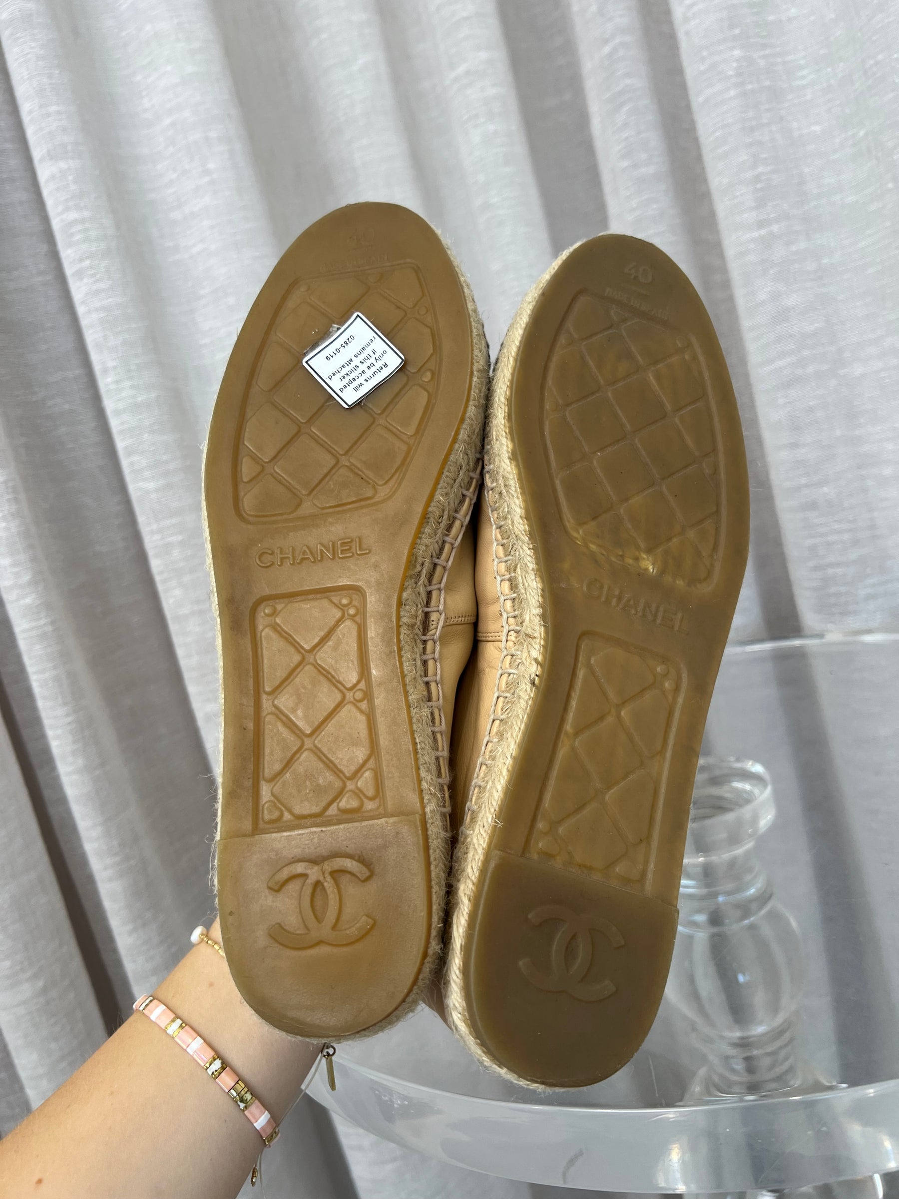 Chanel Beige and Black Leather Logo Espadrilles, 40
