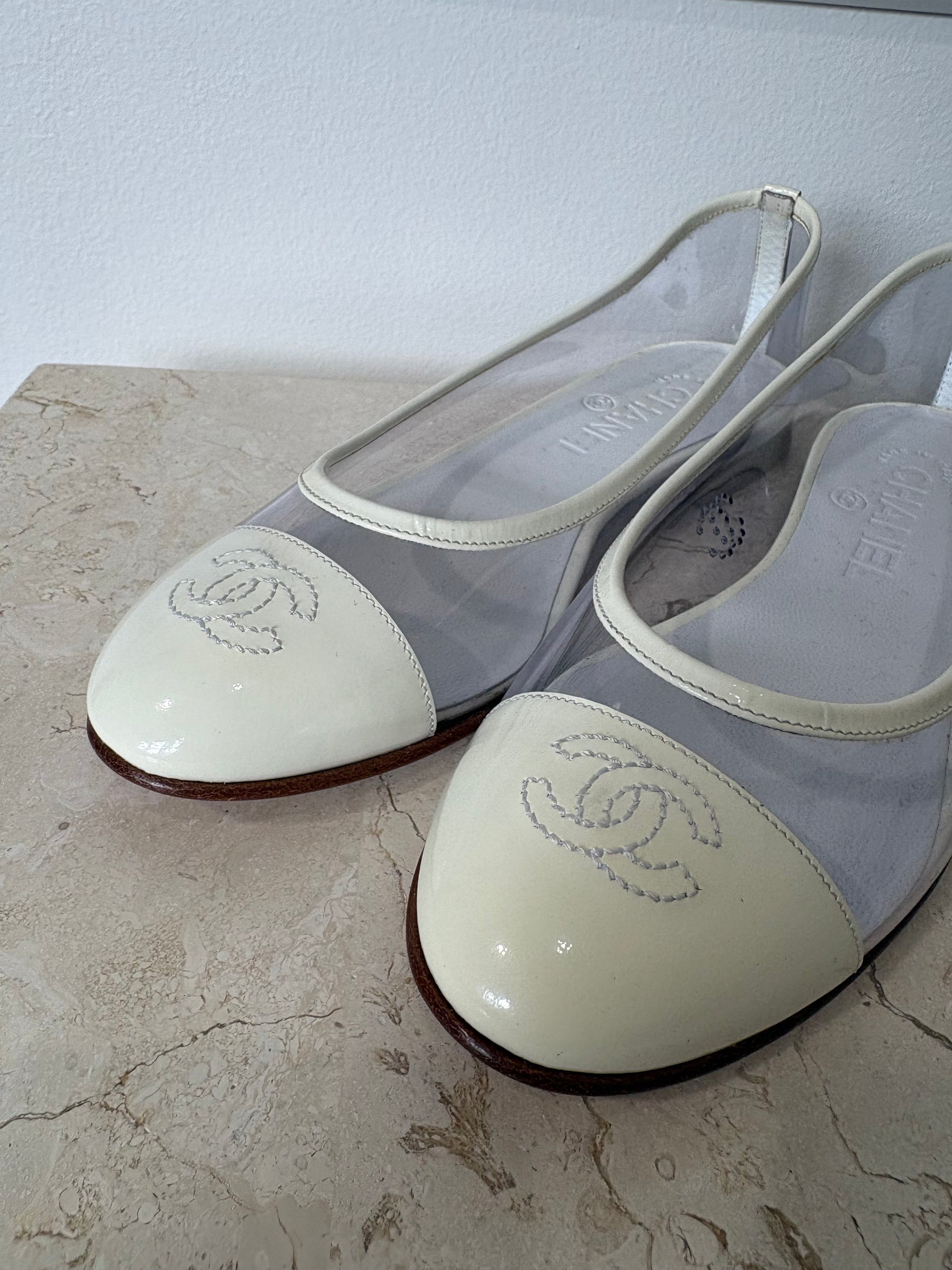 Chanel Cream Patent and PVC Logo Ballet Flats, 36.5