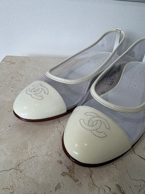 Chanel Cream Patent and PVC Logo Ballet Flats, 36.5