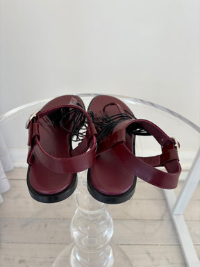 bassike Burgundy Leather Fringed T Bar Sandal, 40