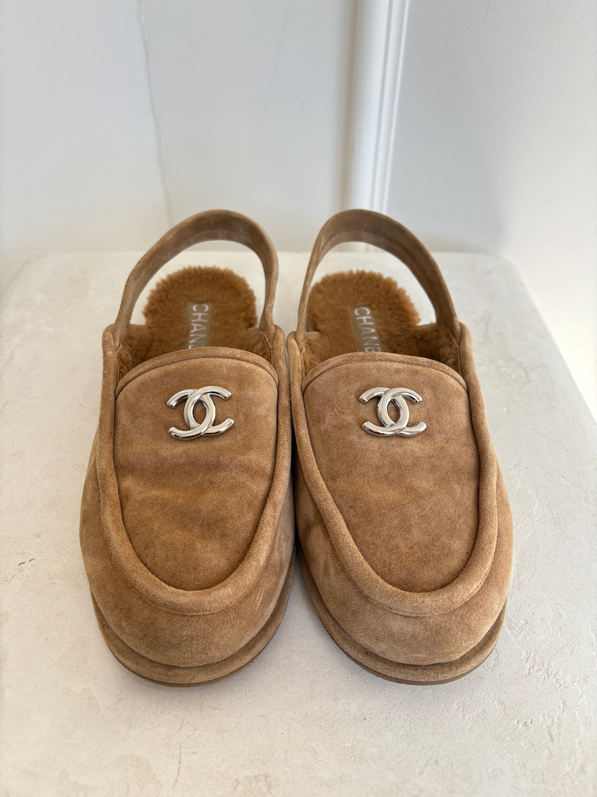 Chanel Beige Suede Shearling Slingback Loafers, 41C