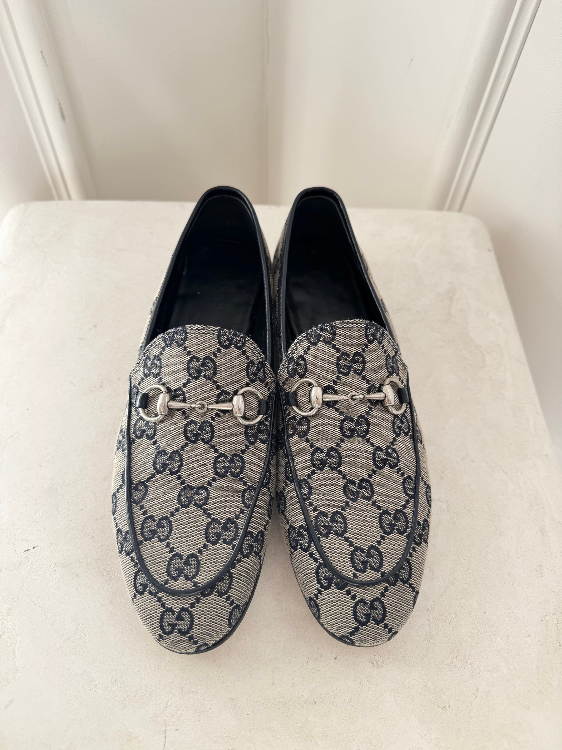Gucci Blue and Beige Monogram Jordaan Loafer, 38