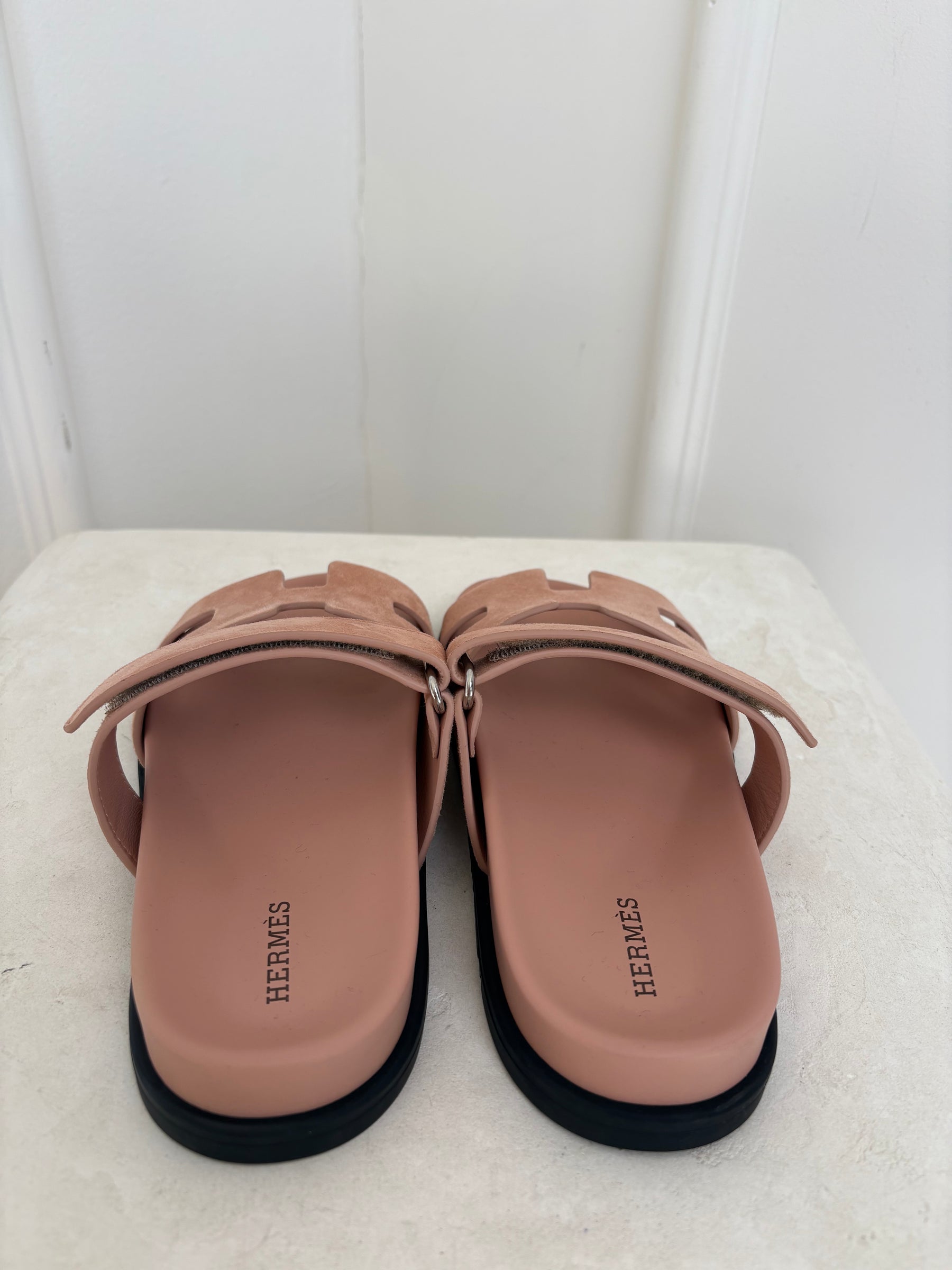 Hermès Blush Suede Chypre Sandals, 37