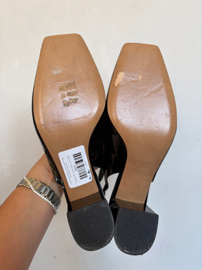 Valentino Garavani Black Patent Leather Roman Stud Slingback Pumps, 39