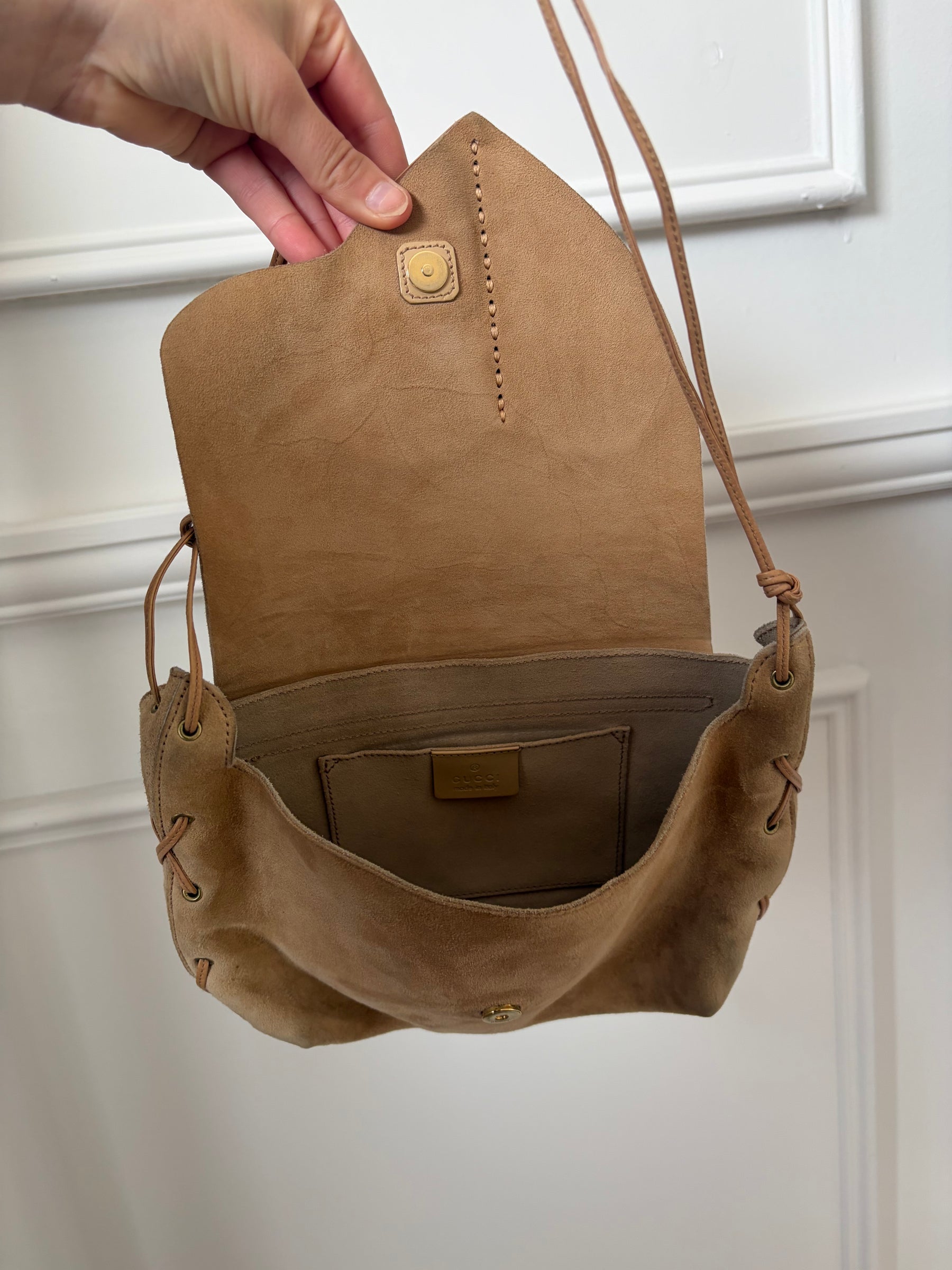 Gucci Beige Suede Heart Whipstitch Shoulder Bag