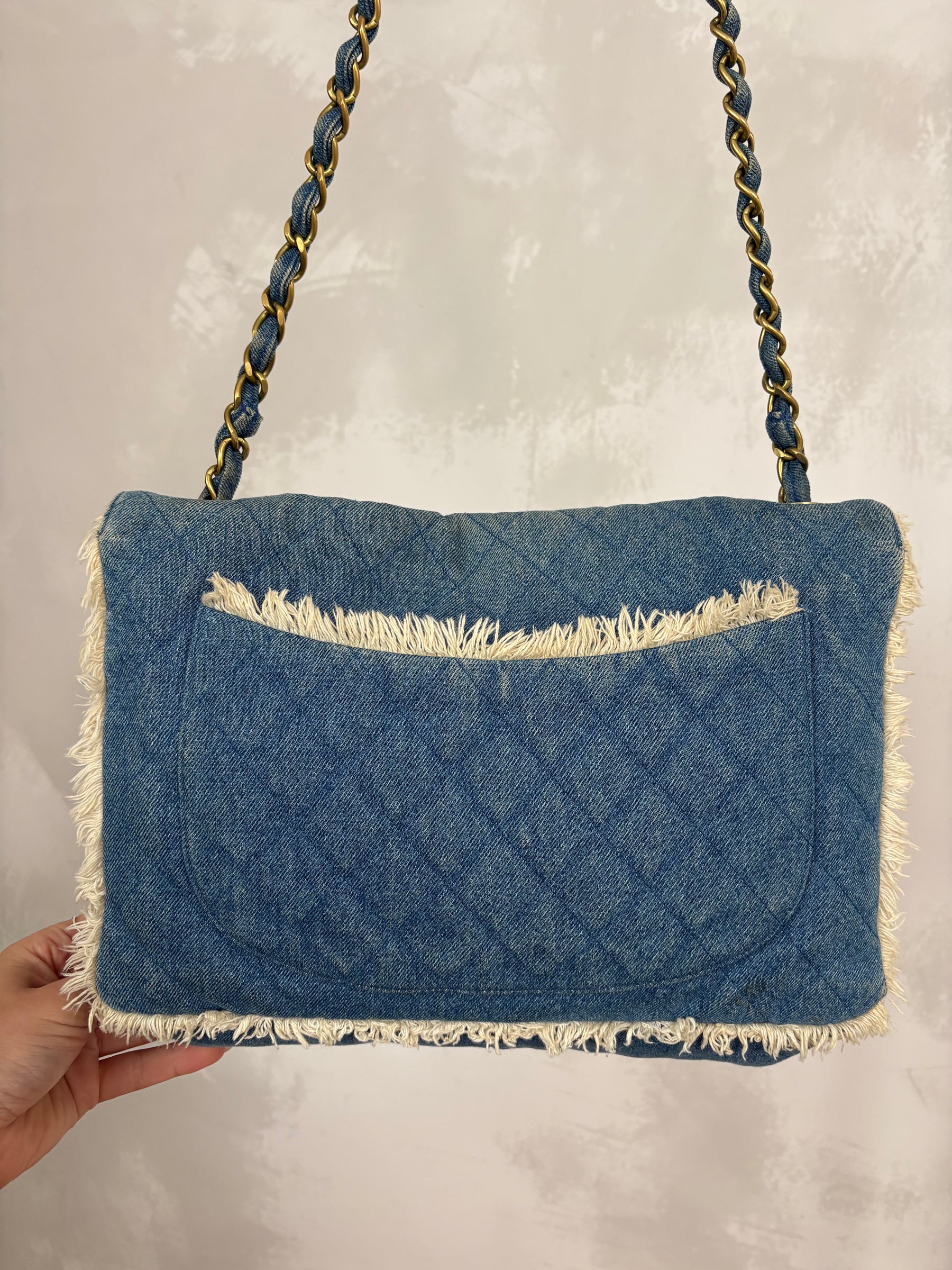 Chanel Blue Denim Cream Fringed Bag
