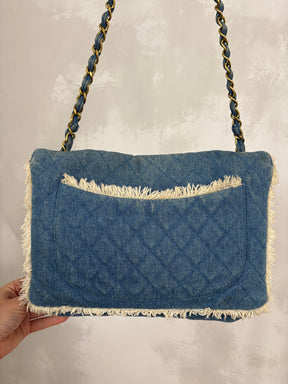 Chanel Blue Denim Cream Fringed Bag