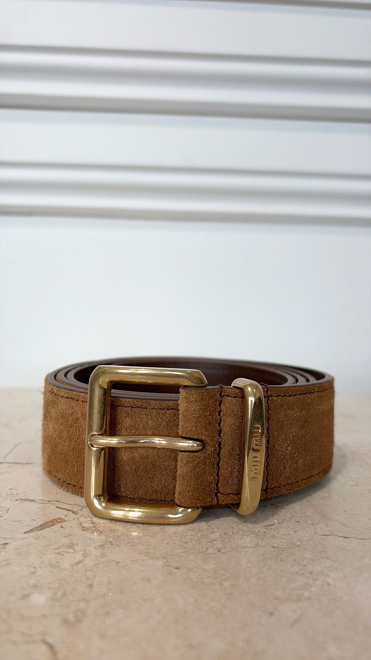 Miu Miu Camel Suede Belt Gold Buckle, 34/85
