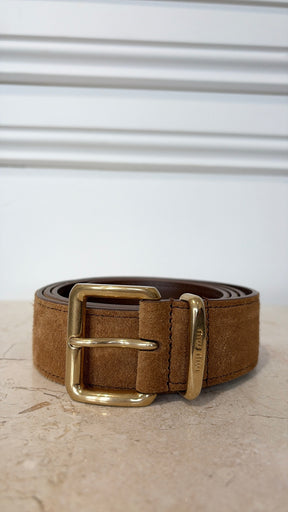 Miu Miu Camel Suede Belt Gold Buckle, 34/85