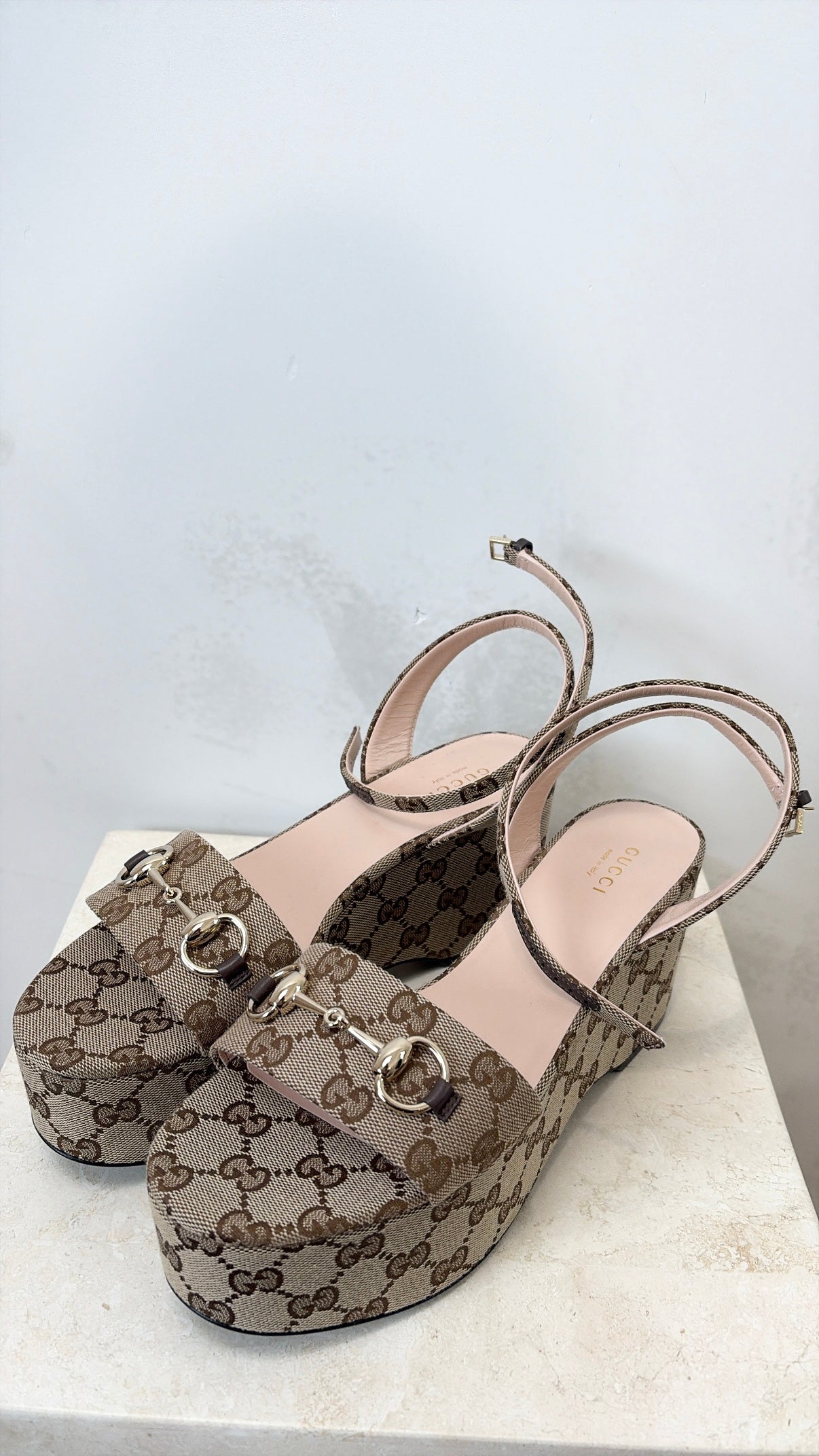 Gucci Canvas Monogram Platform Wedges, 38