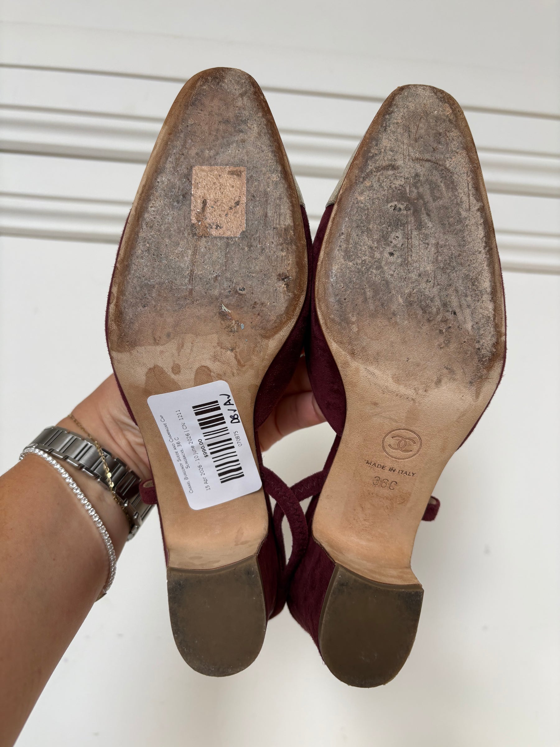 Chanel Burgundy Suede and Champagne Cap Slingbacks, 36 C