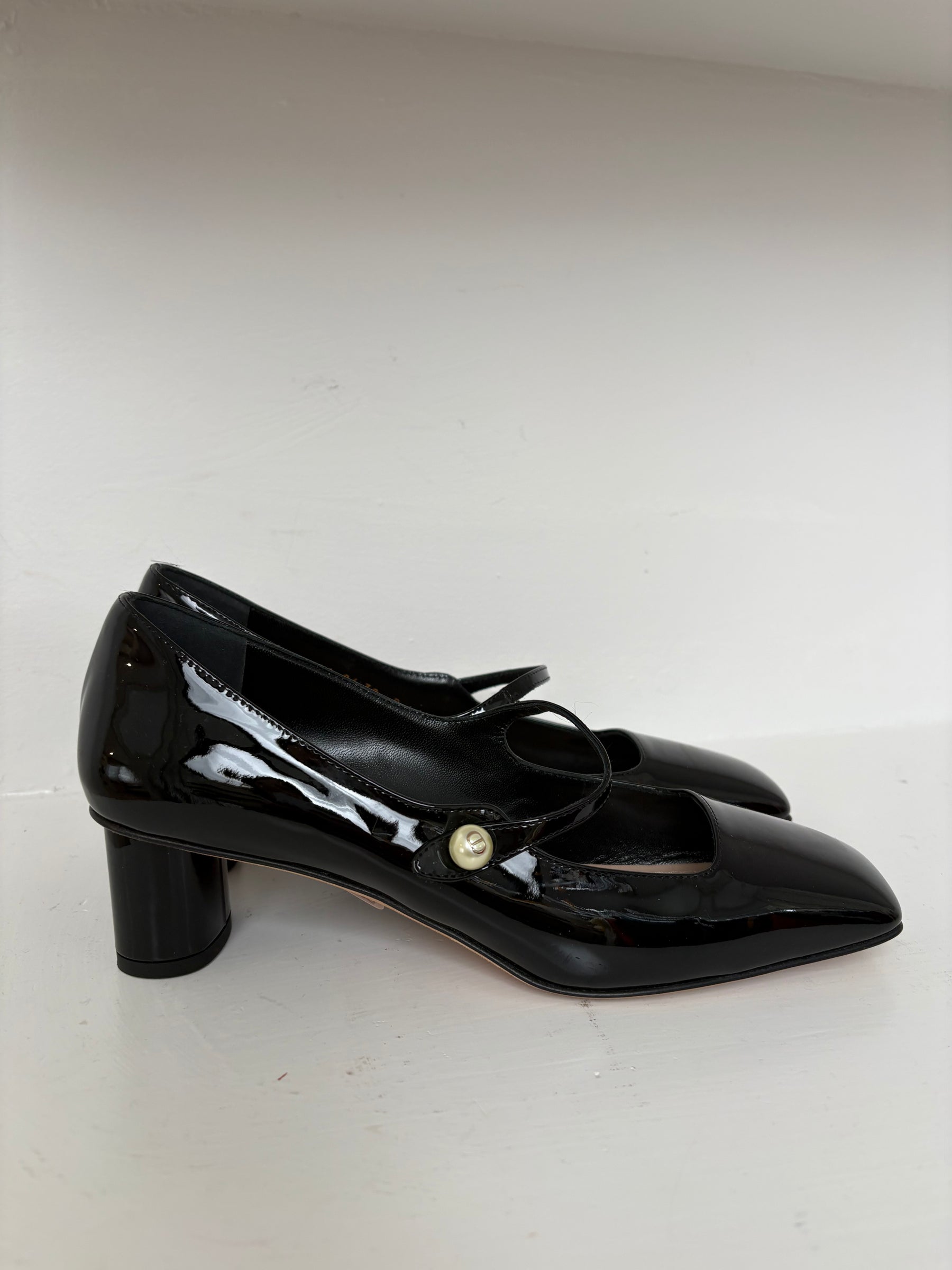 Dior Black Patent Leather Pearl Mary Jane's, 38