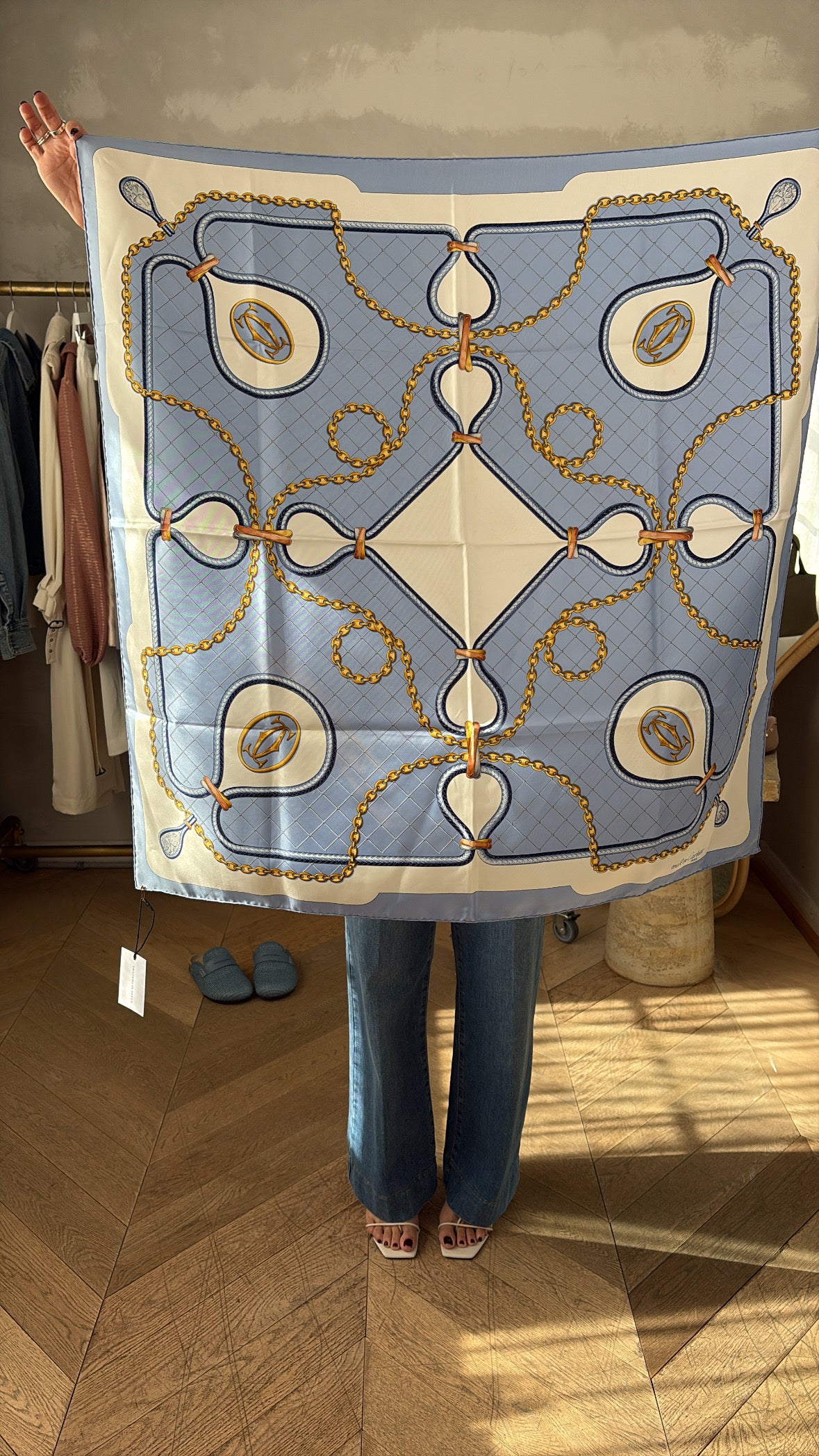 Cartier Blue and White Chain Logo Print Silk Scarf 90