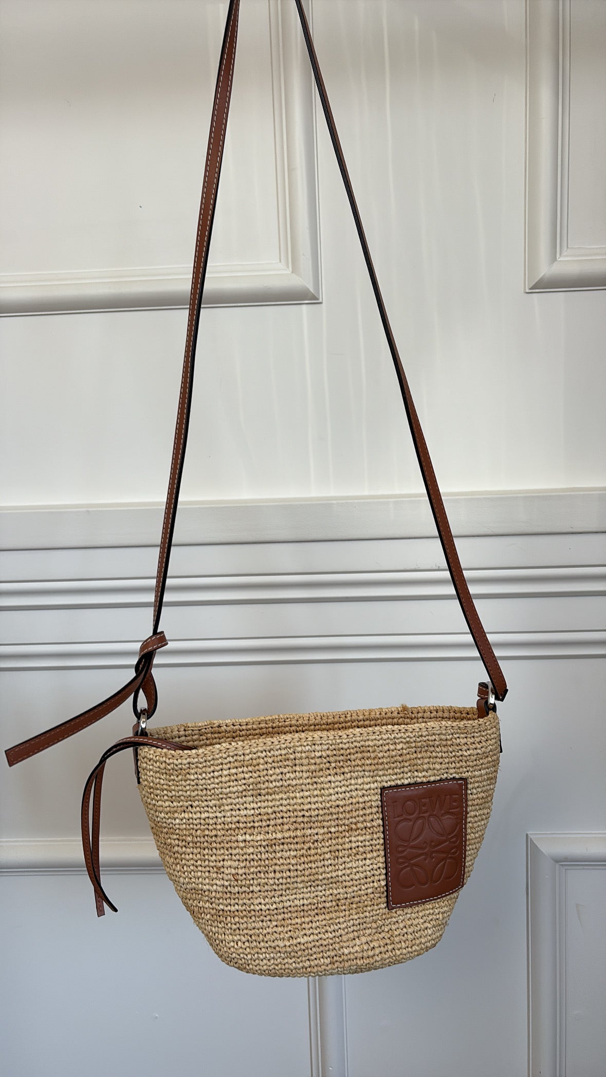 Loewe Raffia and Tan Leather Slit Pochette Crossbody Bag