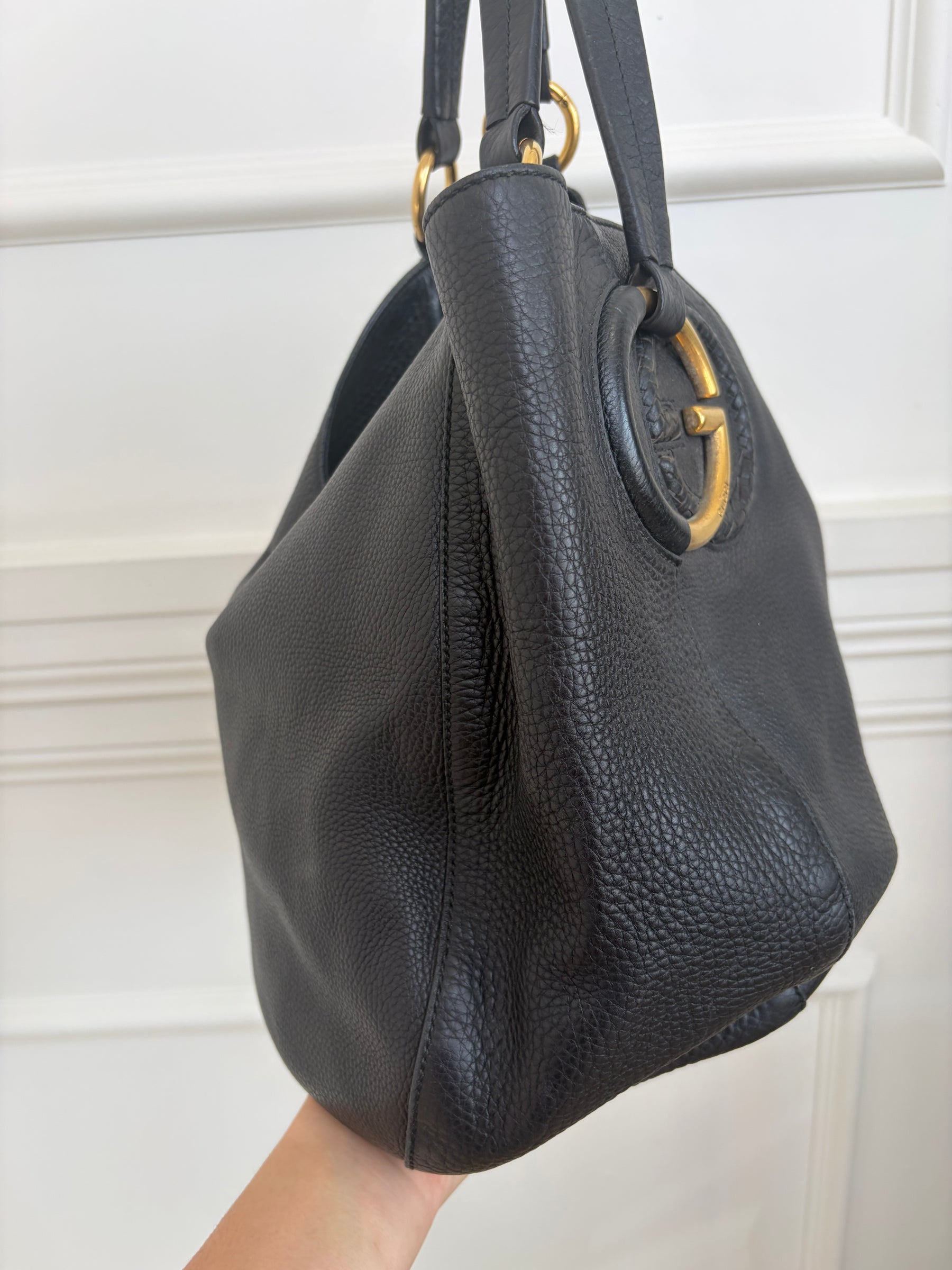 Gucci Black Leather Interlocking G Hobo Bag