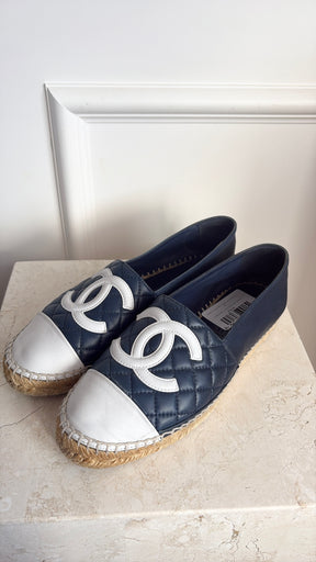 Chanel Navy and White Quilted Logo Espadrilles, 38