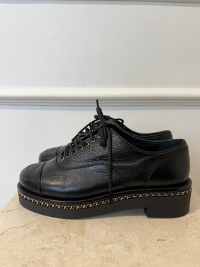 Chanel Black Leather Chain Detail Lace Up Shoe, 37 C