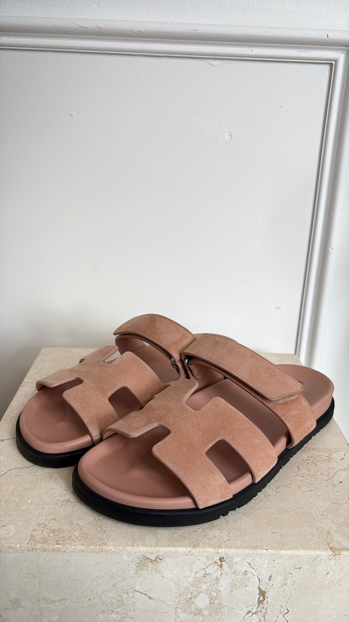 Hermès Pale Pink Suede Chypre Slides, 38.5