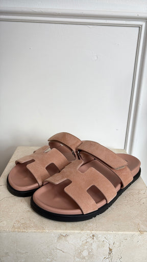 Hermès Pale Pink Suede Chypre Slides, 38.5
