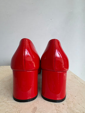 Ferragamo Flame Red Patent Block Heel Silver Hardware, 7.5D