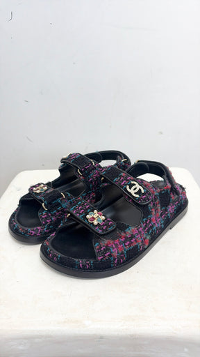 Chanel Black Purple and Green Tweed Dad Sandal, 36 C