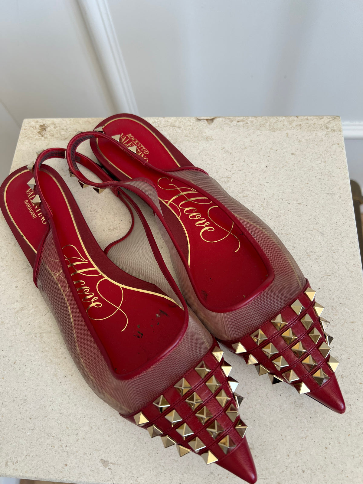 Valentino Garavani Red Leather and Mesh Rockstud Pointed Flats, 41