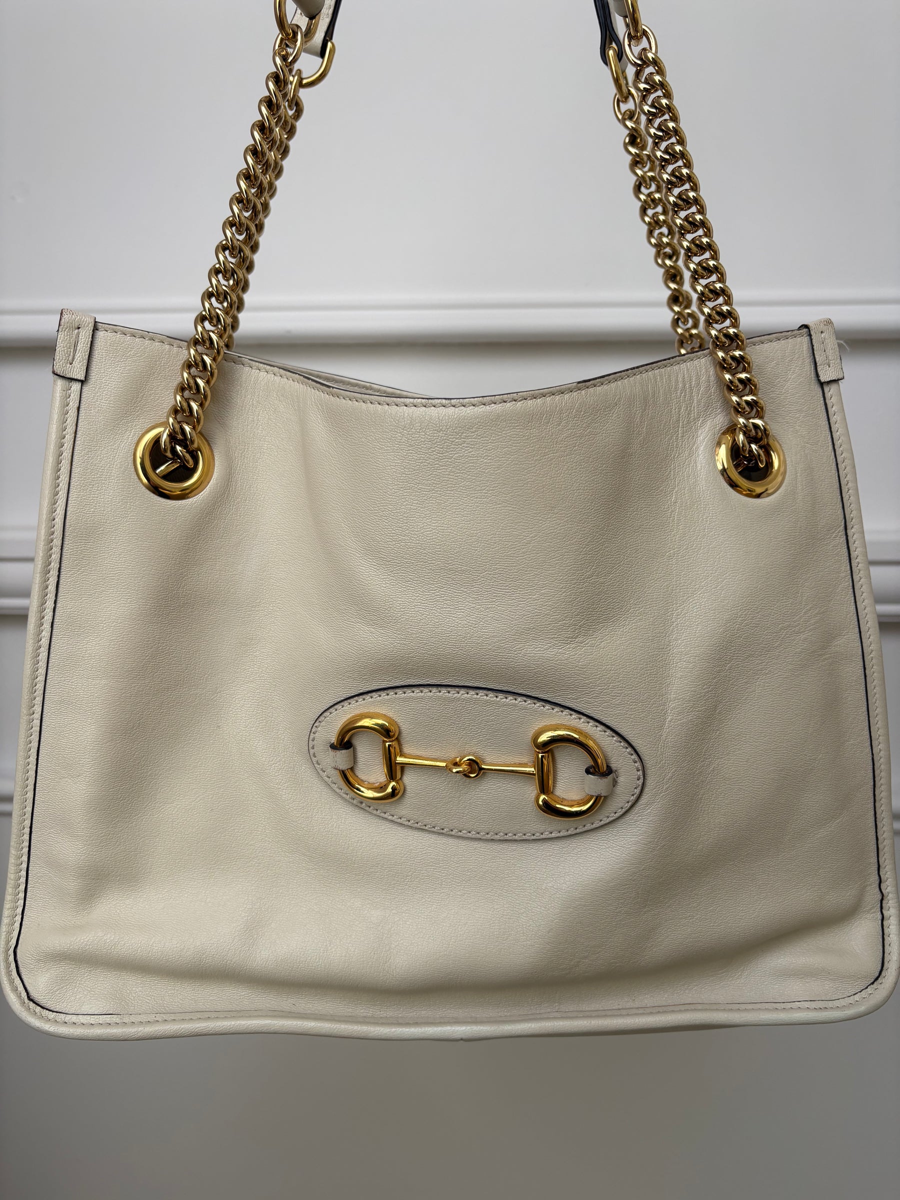 Gucci Cream Leather Horsebit 1995 Medium Chain Tote