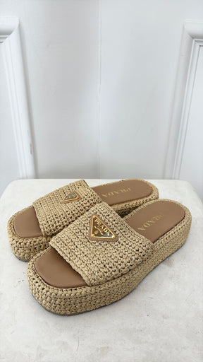 Prada Natural Crochet Platform slides, 36