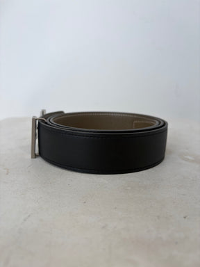 Hermès Black and Etoupe Leather Reversible H Belt, 85