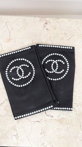 Chanel Black Leather Pearl Logo Fingerless Gloves, 8