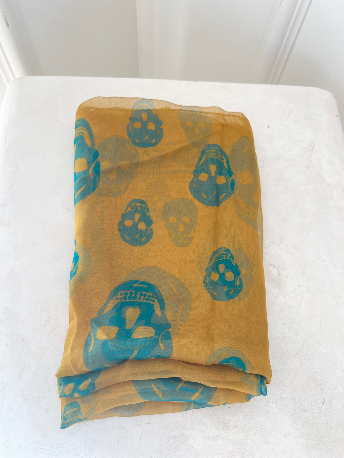 Alexander McQueen Mustard Teal Silk Scull Scarf