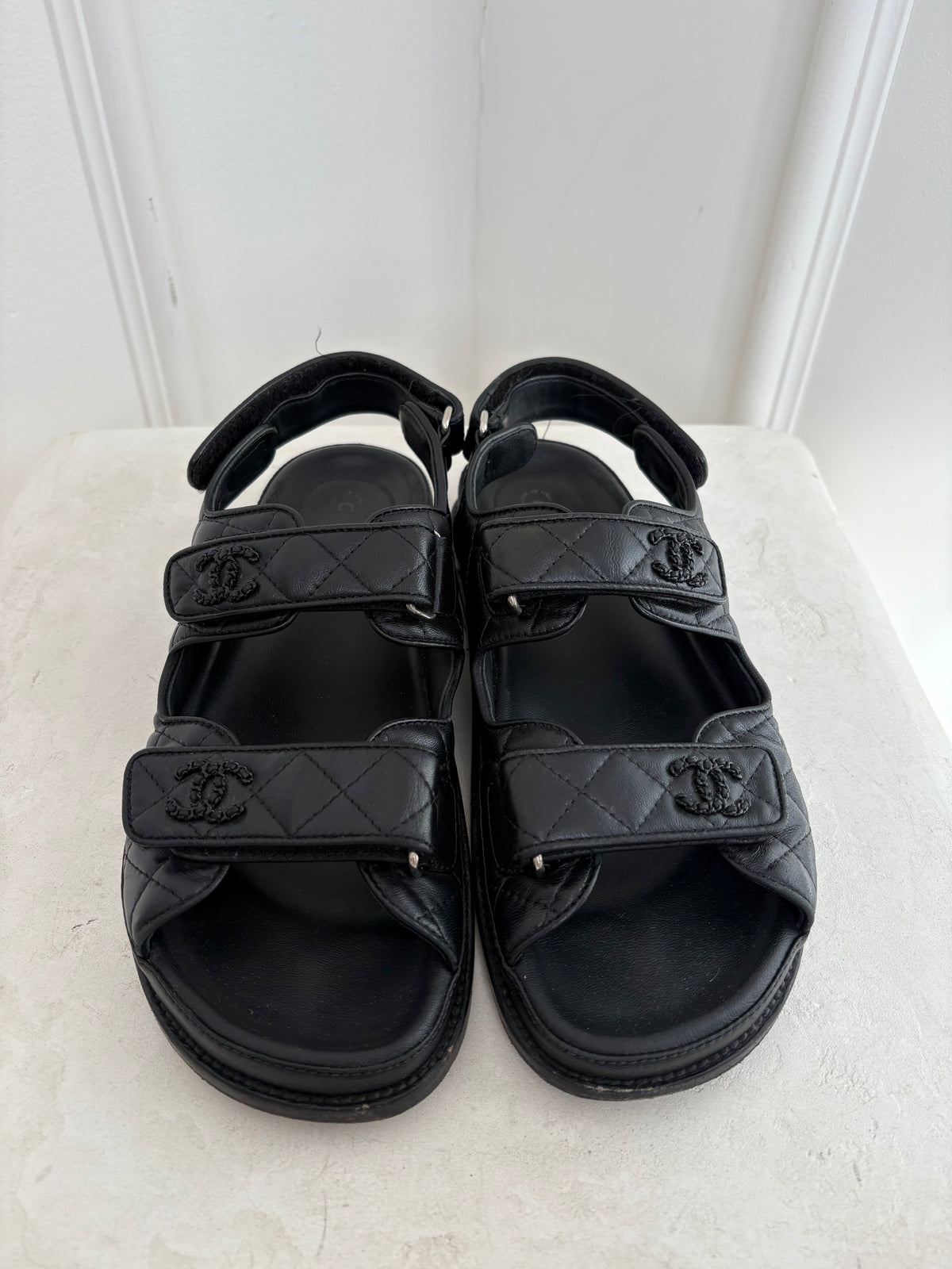 Chanel Black on Black Quilted Leather Dad Sandals, 39C