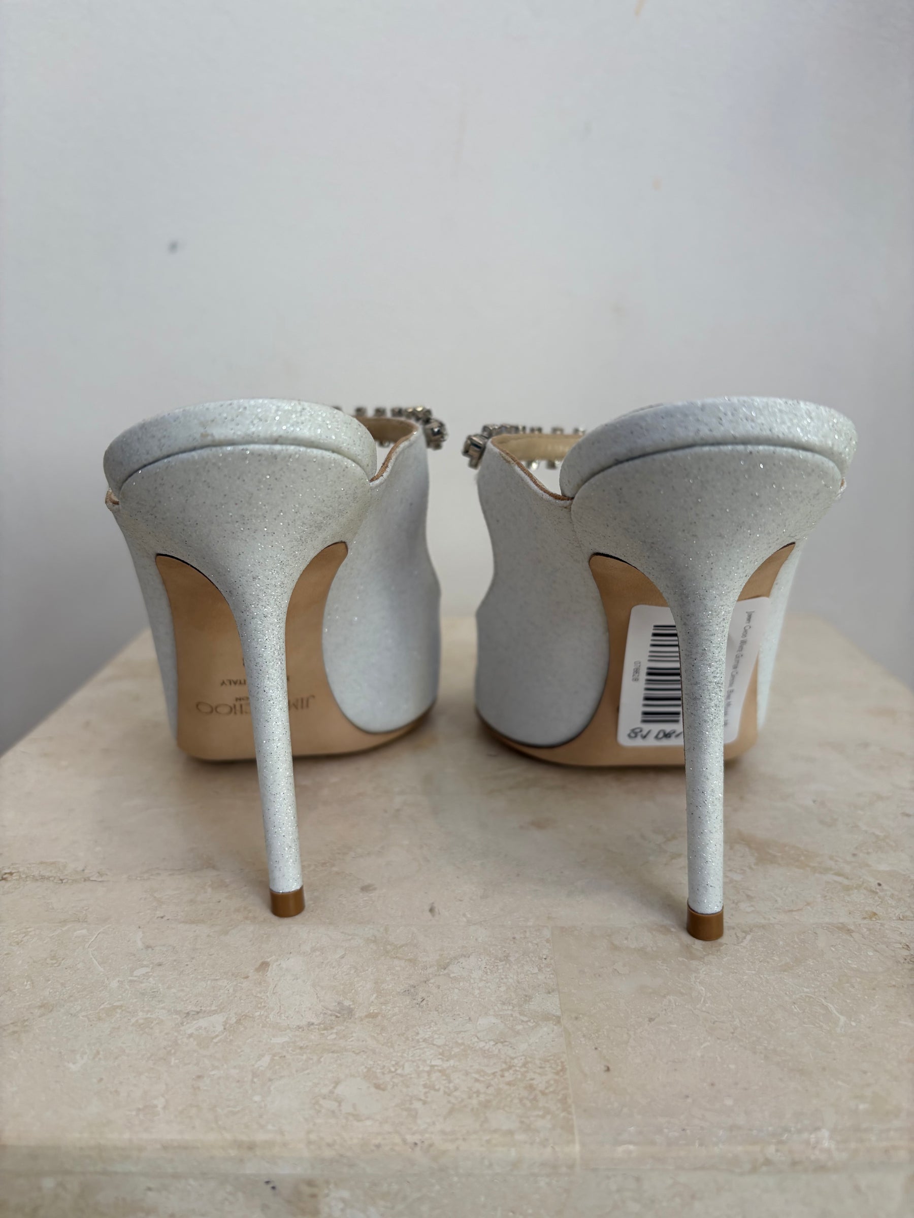 Jimmy Choo White Glitter Crystal Bing Mules, 38