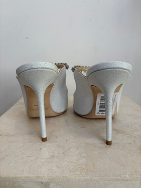 Jimmy Choo White Glitter Crystal Bing Mules, 38