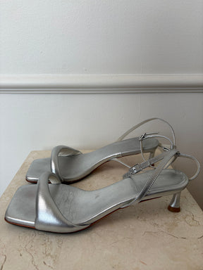Tibi Silver Padded Leather Strappy Kitten Heel, 38