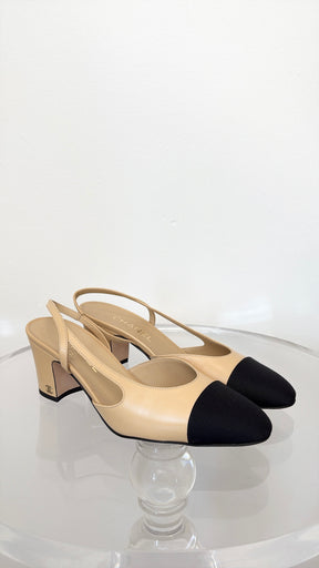 Chanel Beige Leather and Black Heeled Slingback, 40C