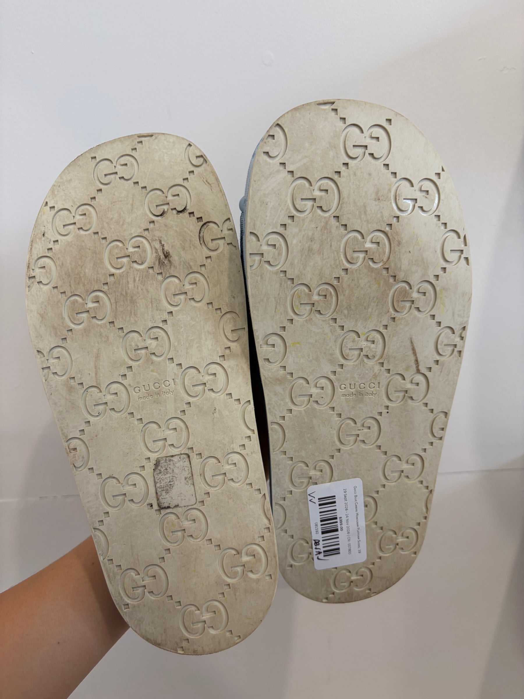 Gucci Blue Canvas Monogram Platform Slides, 39