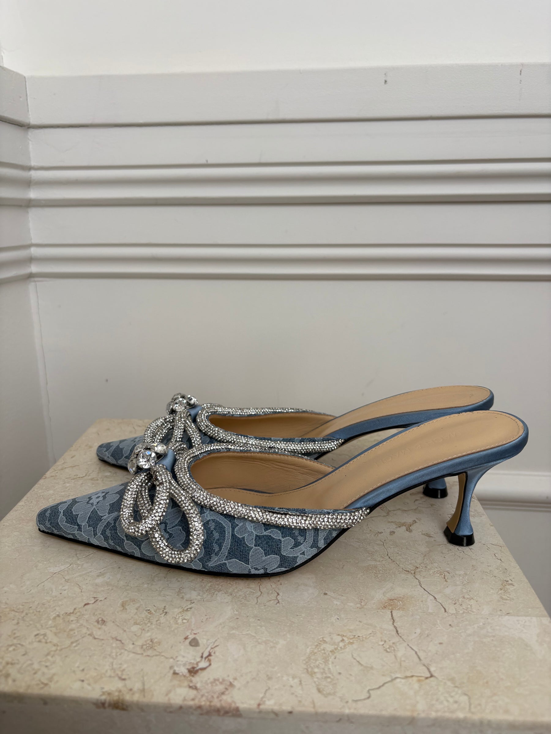 Mach & Mach Blue Lace Crystal Bow Pointed Mule, 39