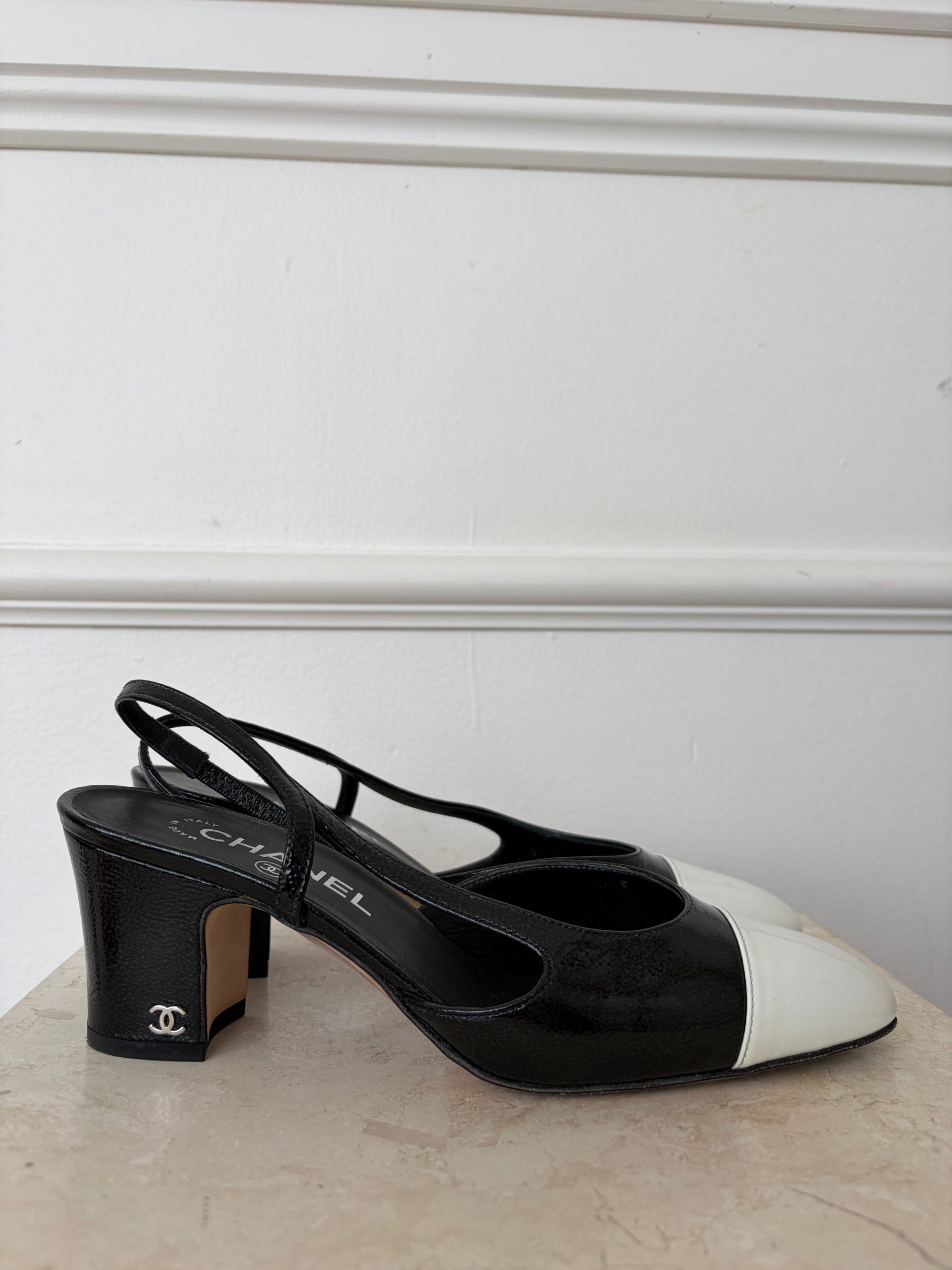 Chanel Black and White Patent Heeled Slingbacks, 38 C