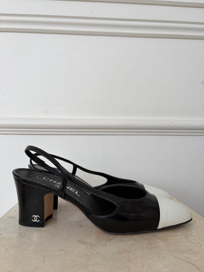 Chanel Black and White Patent Heeled Slingbacks, 38 C
