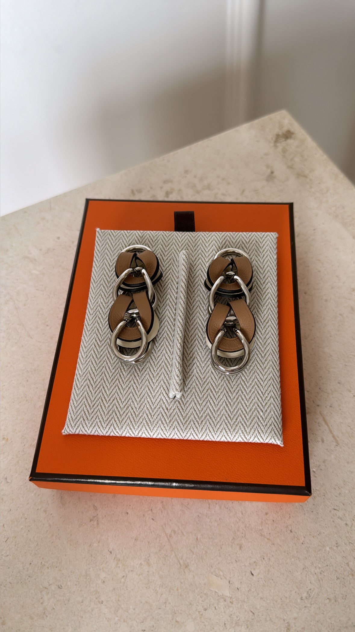 Hermès Brown Swift leather and Silver Villevoort Long Earrings