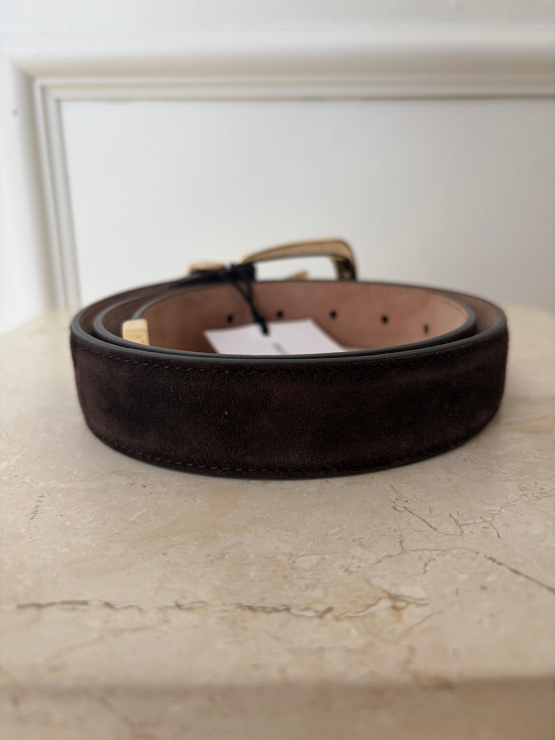 Khaite Brown Suede Belt with Gold Hardware, 80