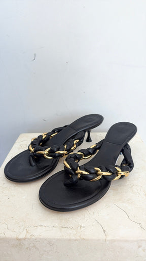 Bottega Veneta Black Leather Braided Chain Thong Heels, 37.5