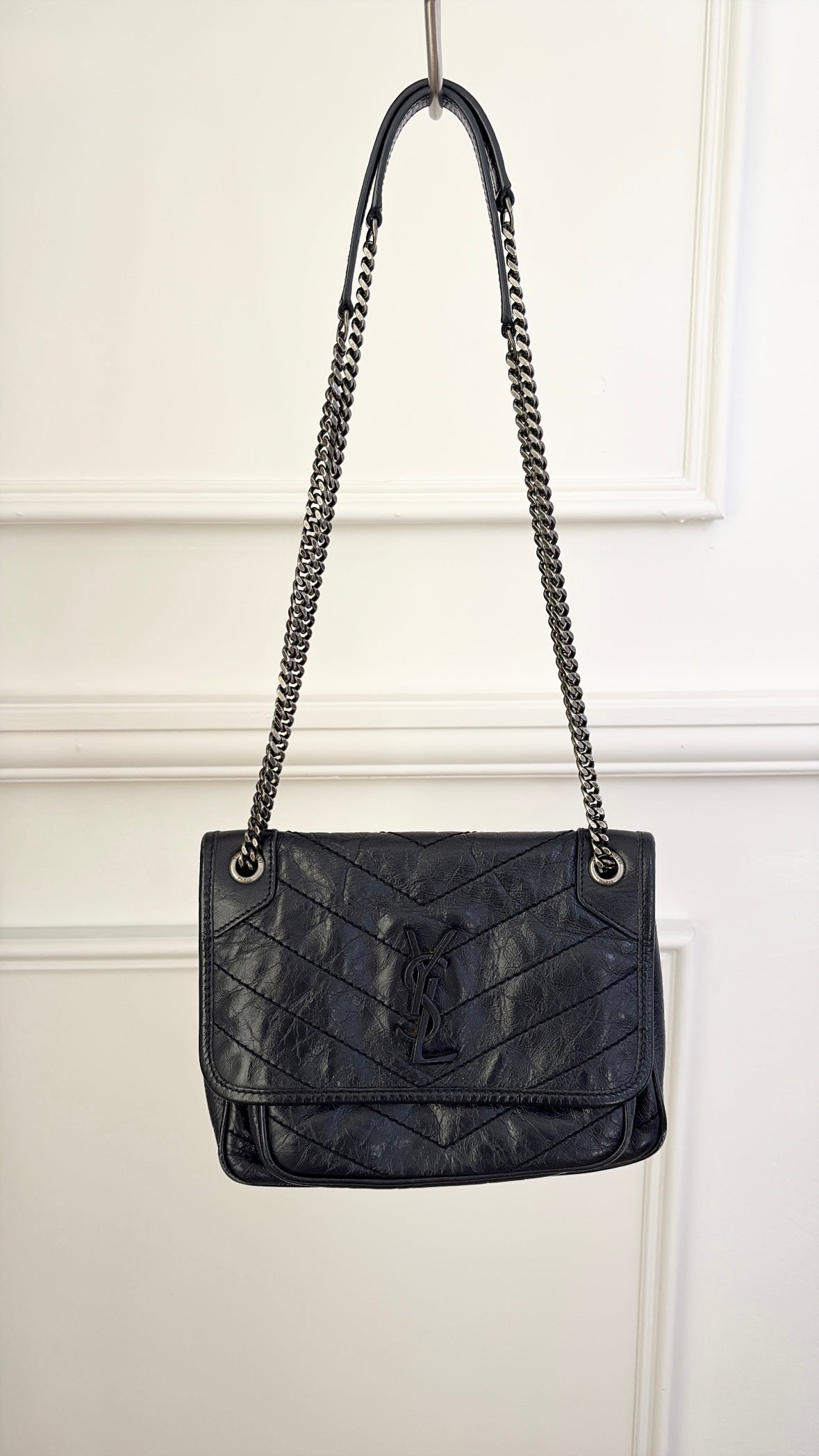 Saint Laurent Navy Crinkled Leather Baby Niki Bag