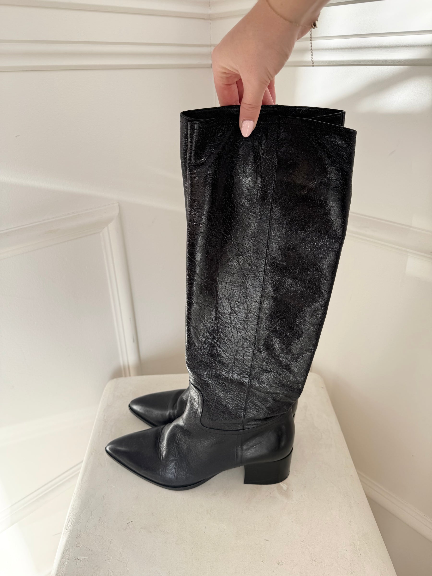 Miu Miu Black Crinkle Leather Pointed Knee High Boots, 37.5